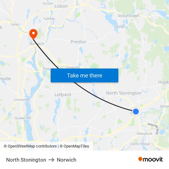 North Stonington to Norwich map