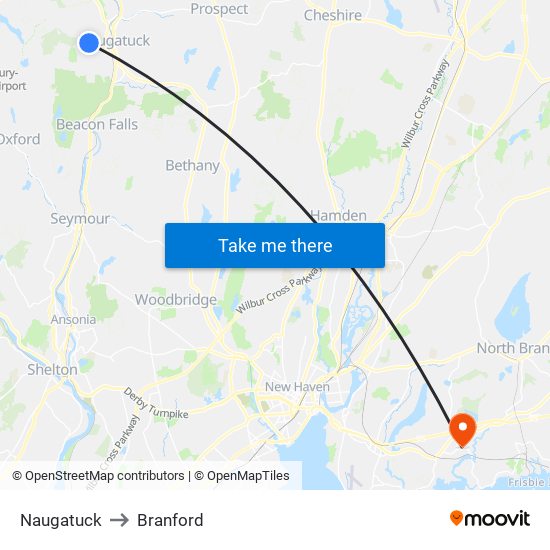 Naugatuck to Branford map