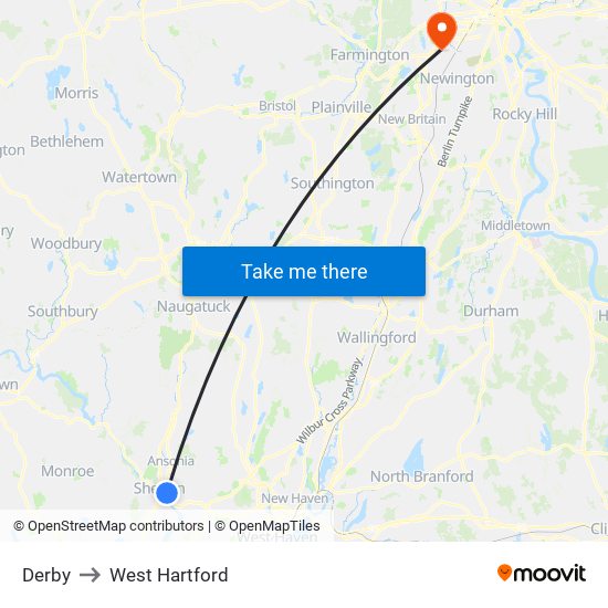 Derby to West Hartford map