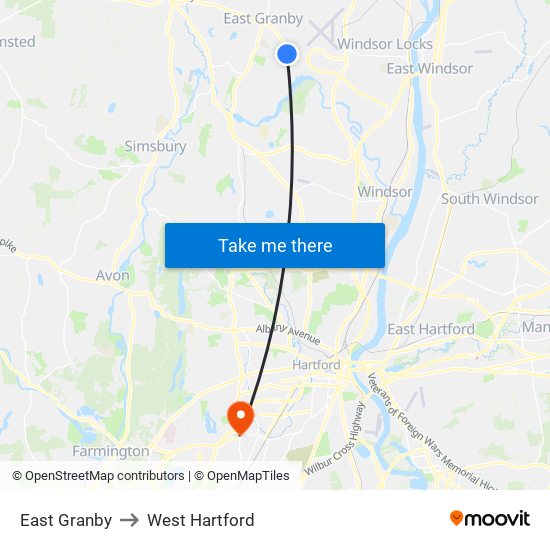 East Granby to West Hartford map