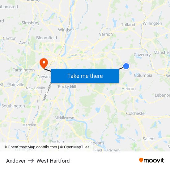 Andover to West Hartford map