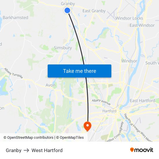 Granby to West Hartford map