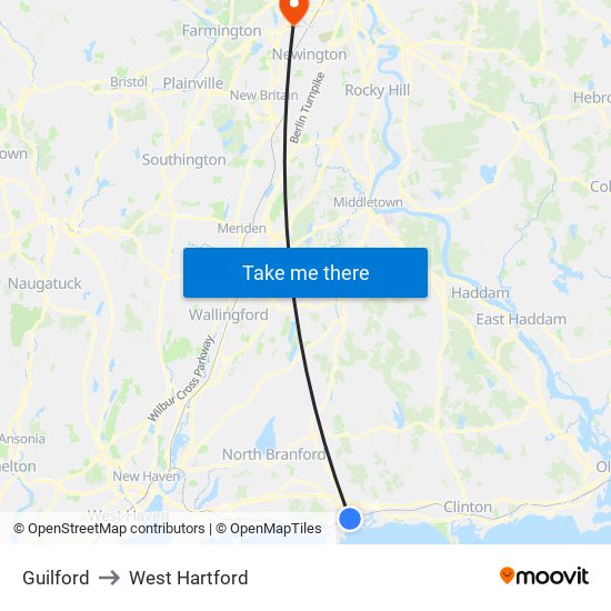 Guilford to West Hartford map