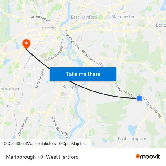 Marlborough to West Hartford map