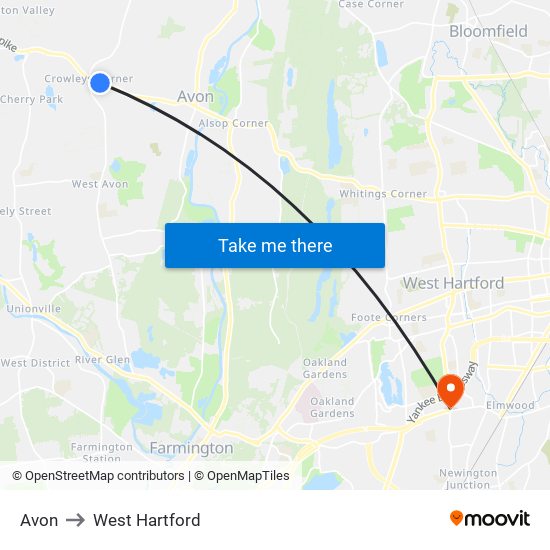 Avon to West Hartford map