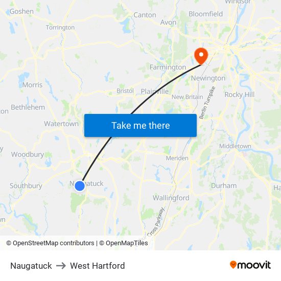 Naugatuck to West Hartford map