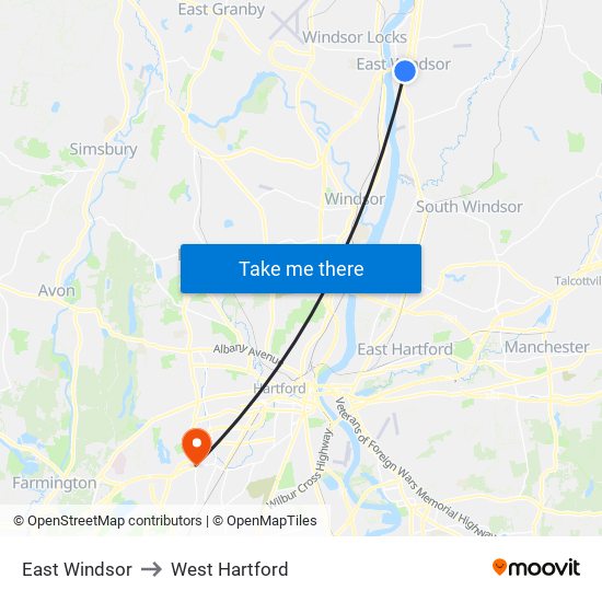 East Windsor to West Hartford map