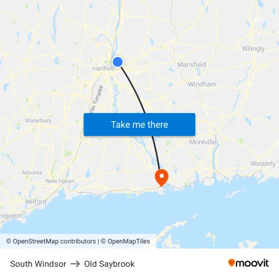 South Windsor to Old Saybrook map