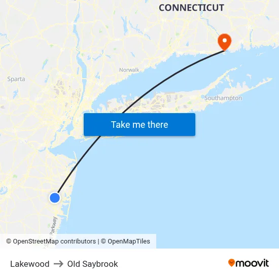 Lakewood to Old Saybrook map