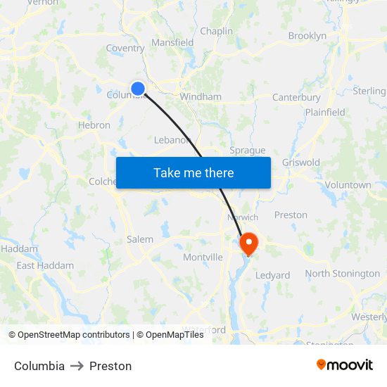 Columbia to Preston map