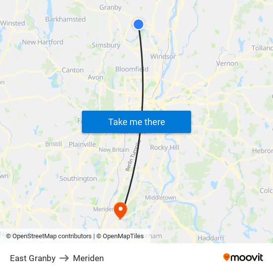 East Granby to Meriden map