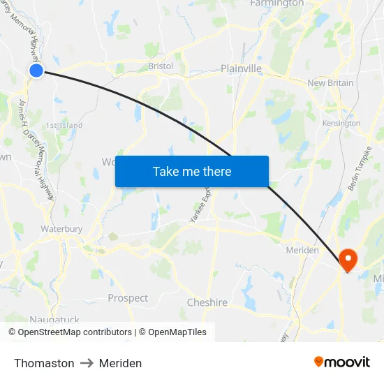 Thomaston to Meriden map