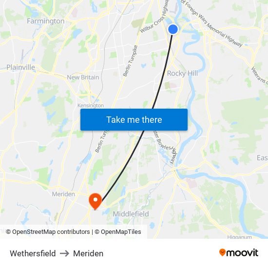 Wethersfield to Meriden map