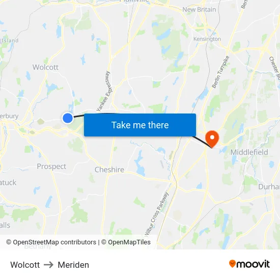 Wolcott to Meriden map