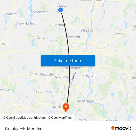 Granby to Meriden map