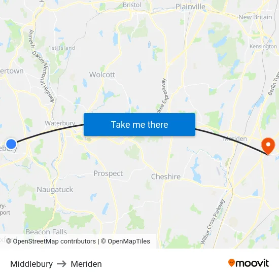Middlebury to Meriden map