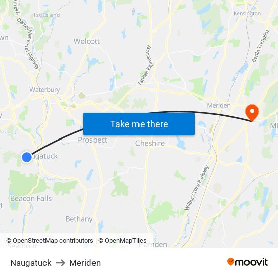 Naugatuck to Meriden map