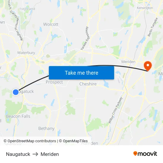 Naugatuck to Meriden map
