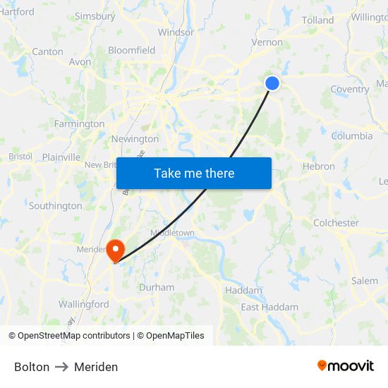 Bolton to Meriden map