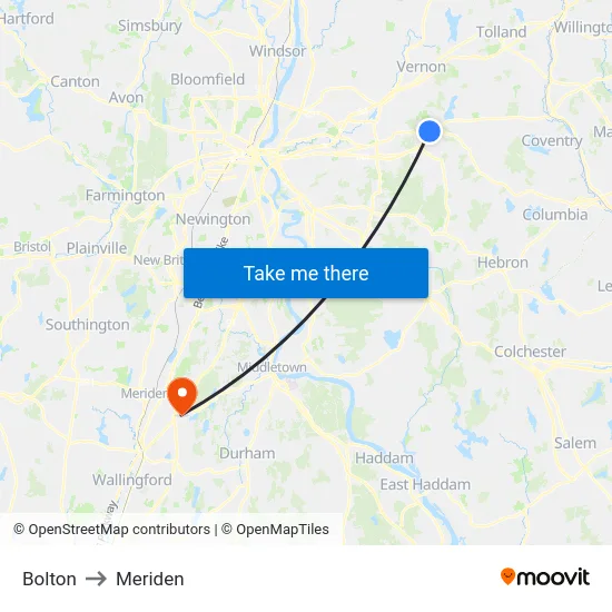 Bolton to Meriden map