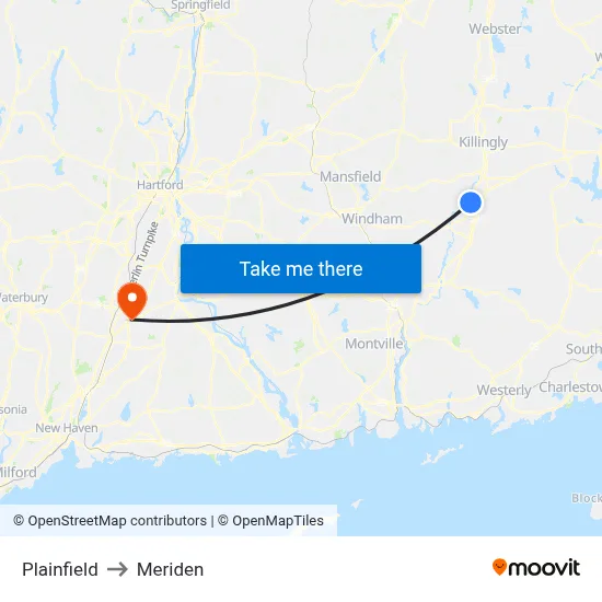 Plainfield to Meriden map
