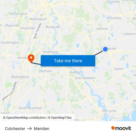 Colchester to Meriden map