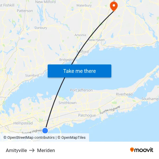 Amityville to Meriden map