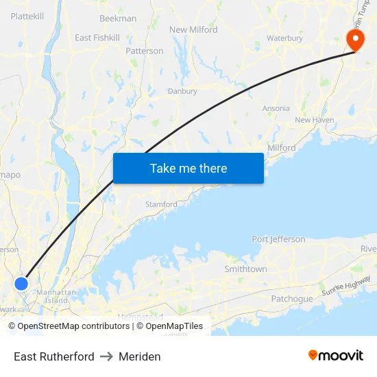 East Rutherford to Meriden map