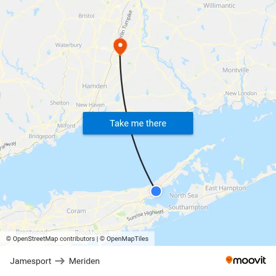 Jamesport to Meriden map