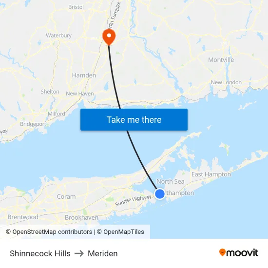 Shinnecock Hills to Meriden map