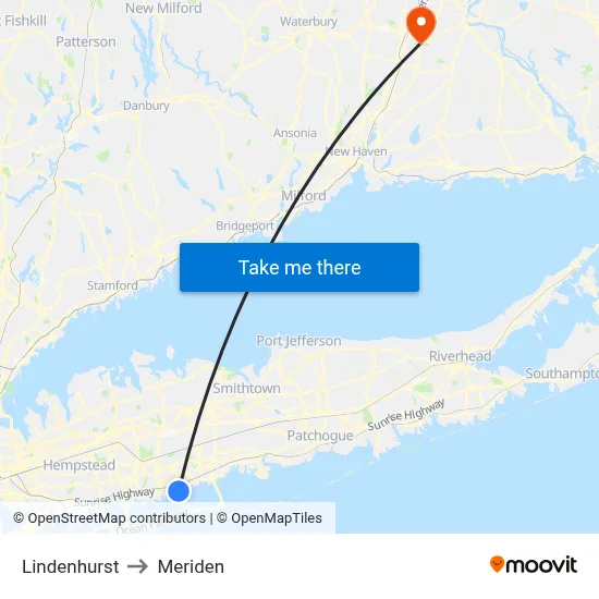Lindenhurst to Meriden map