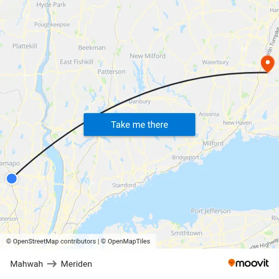 Mahwah to Meriden map