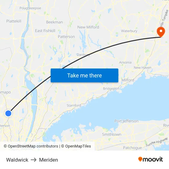 Waldwick to Meriden map