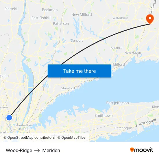 Wood-Ridge to Meriden map