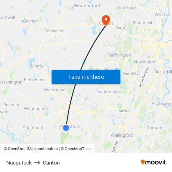 Naugatuck to Canton map