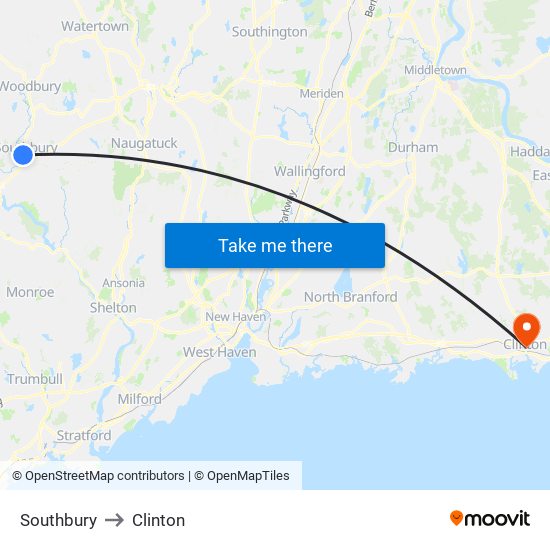 Southbury to Clinton map