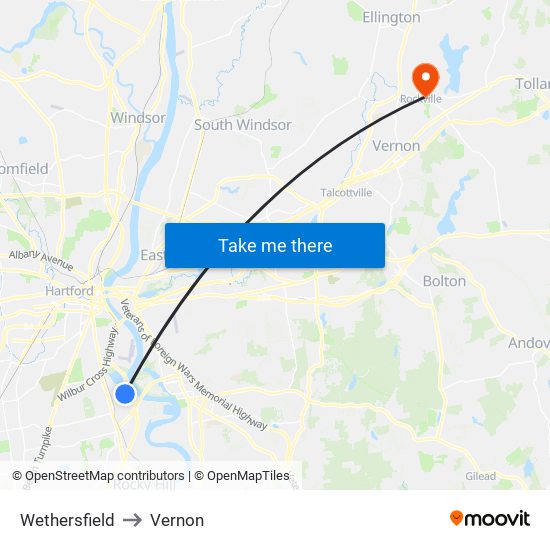 Wethersfield to Vernon map