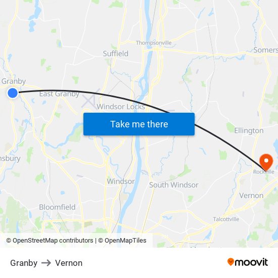 Granby to Vernon map