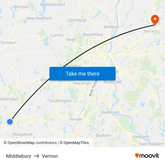 Middlebury to Vernon map