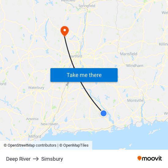 Deep River to Simsbury map