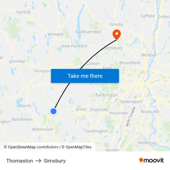 Thomaston to Simsbury map