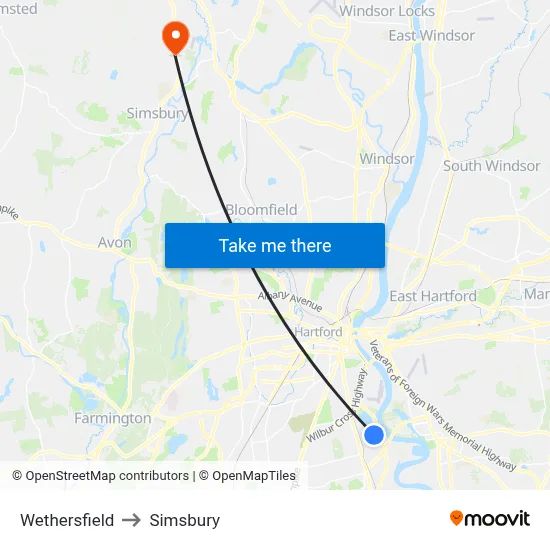 Wethersfield to Simsbury map