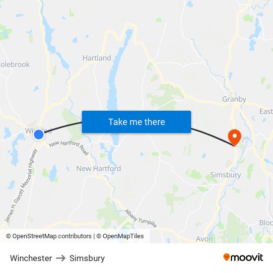 Winchester to Simsbury map