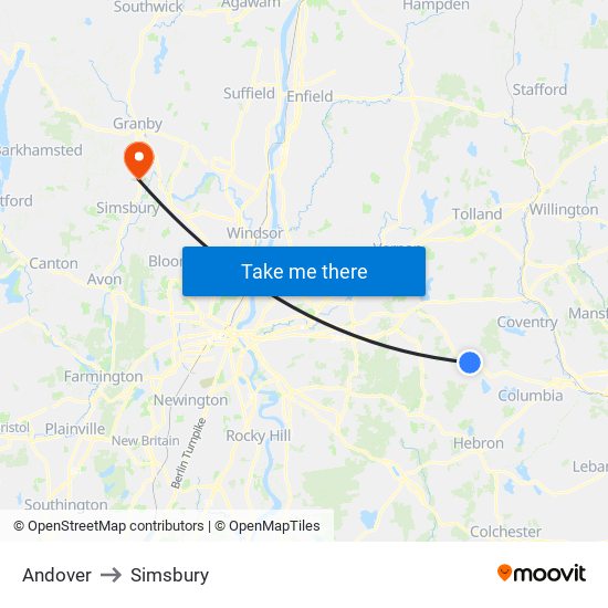 Andover to Simsbury map