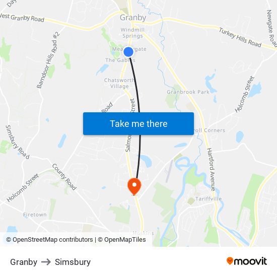 Granby to Simsbury map