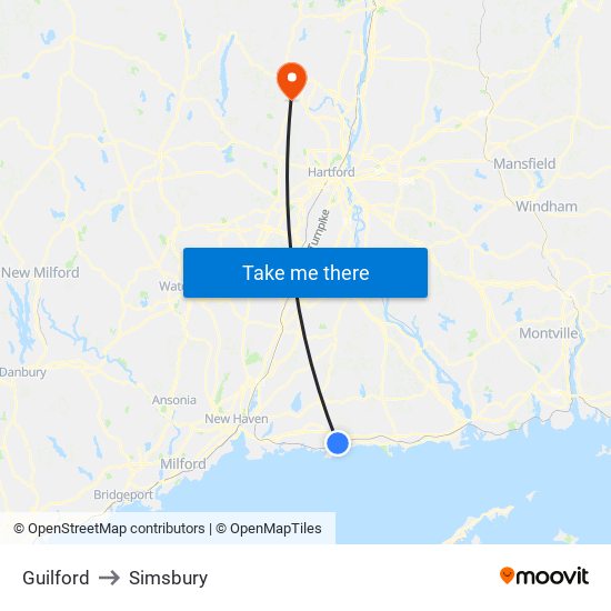 Guilford to Simsbury map