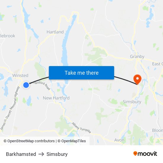 Barkhamsted to Simsbury map