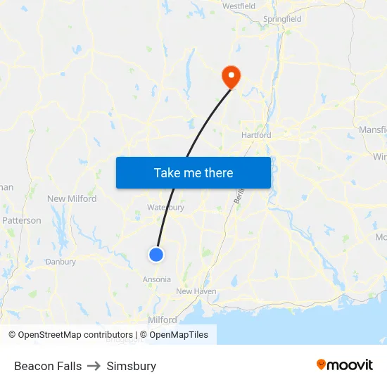Beacon Falls to Simsbury map