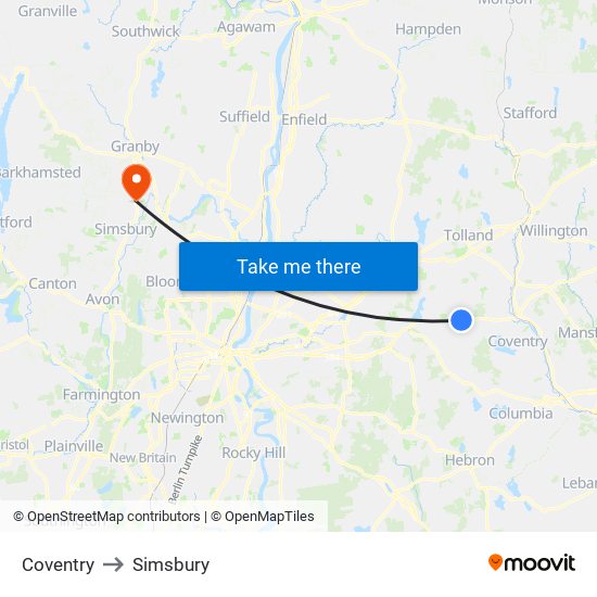 Coventry to Simsbury map