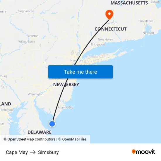 Cape May to Simsbury map
